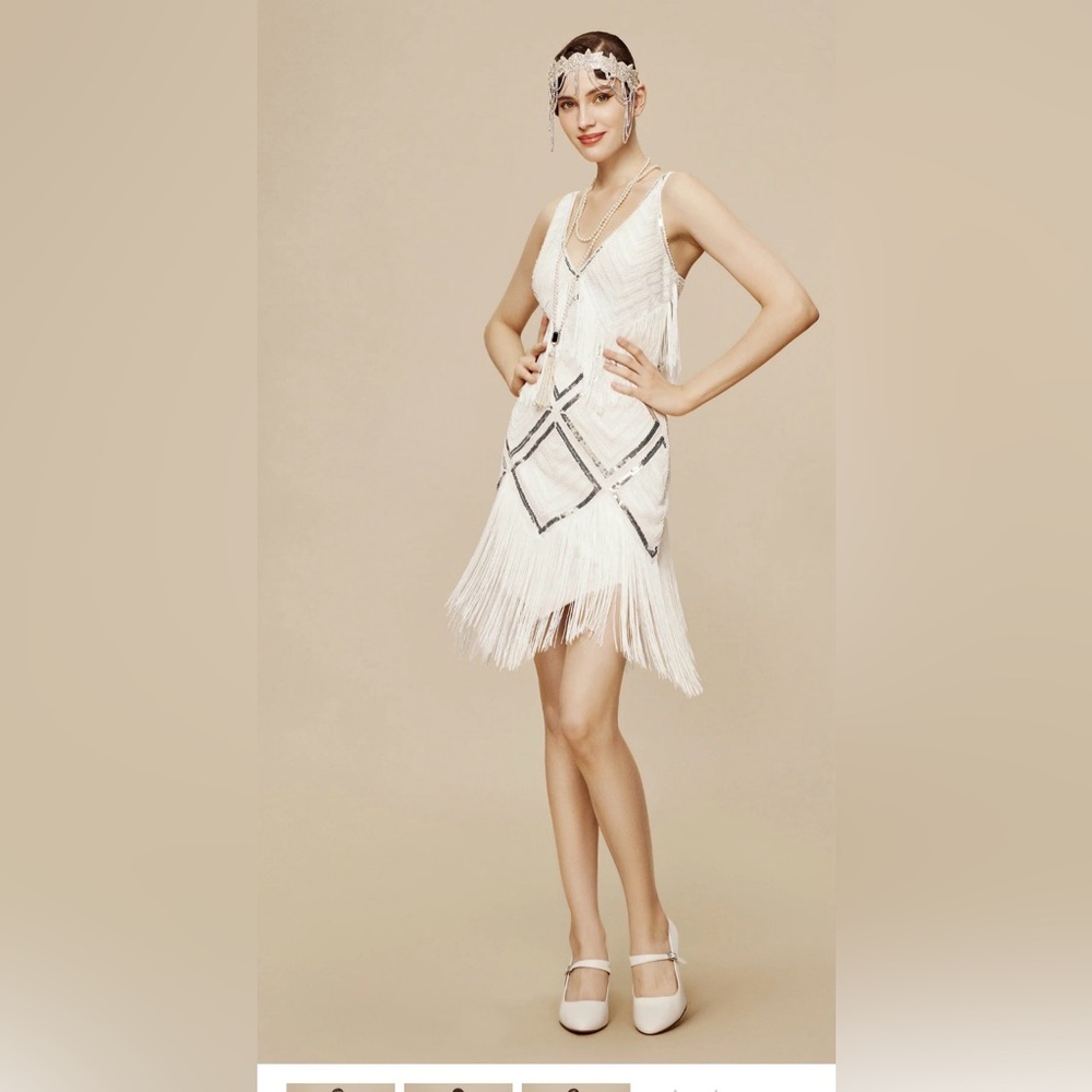 MWT BABEYOND Women's Beaded Sequin V -Neck Mini Slip Dress Size S White - Picture 2 of 5